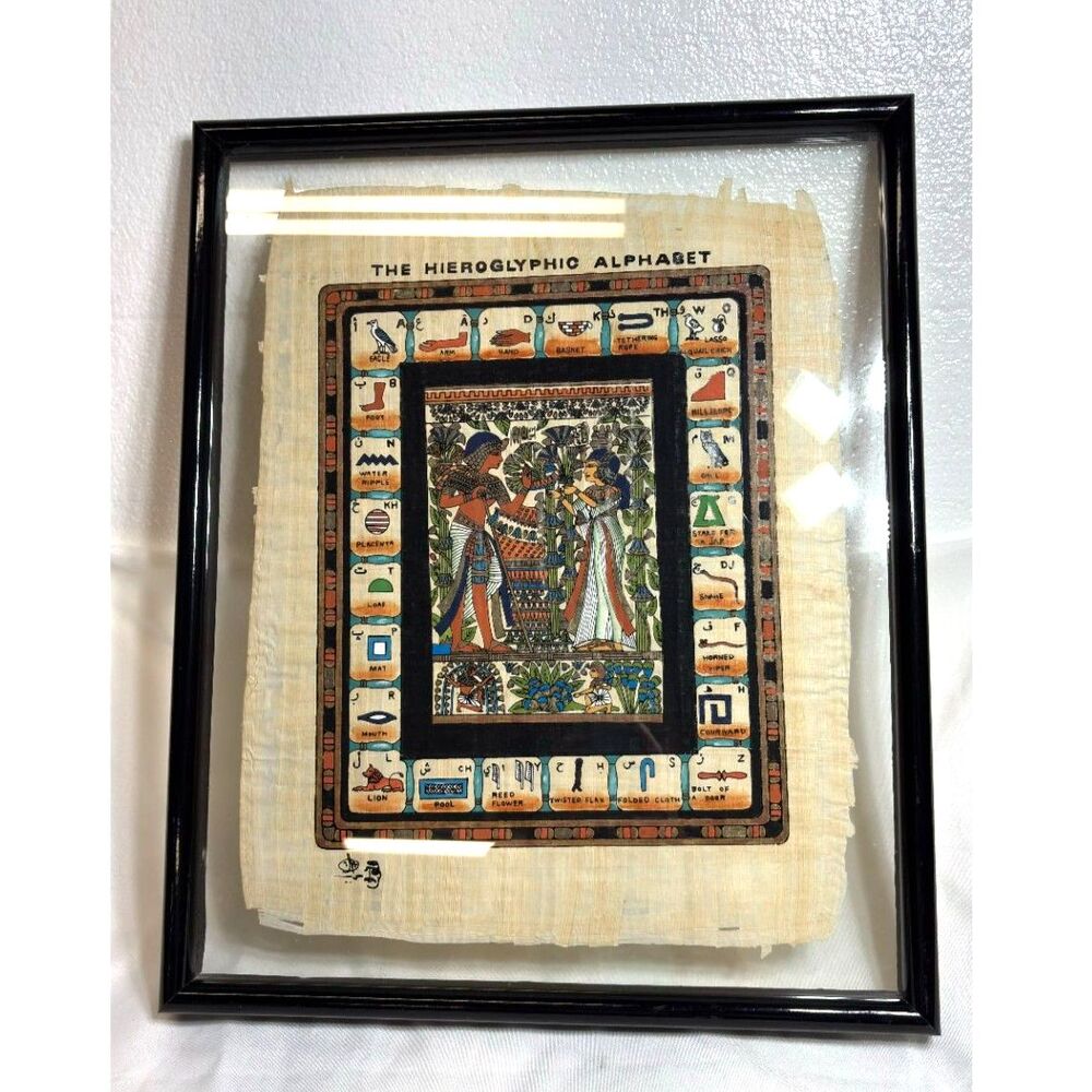 Framed Artwork Hand-Painted Egyptian Papyrus Intricate Hieroglyphics Alphabet
